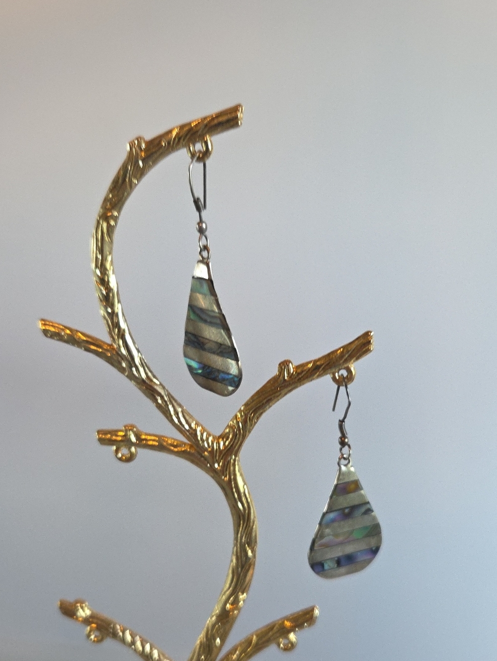 Vintage Stamped Alpaca Mexico Abalone Shell Striped Teardrop Earrings